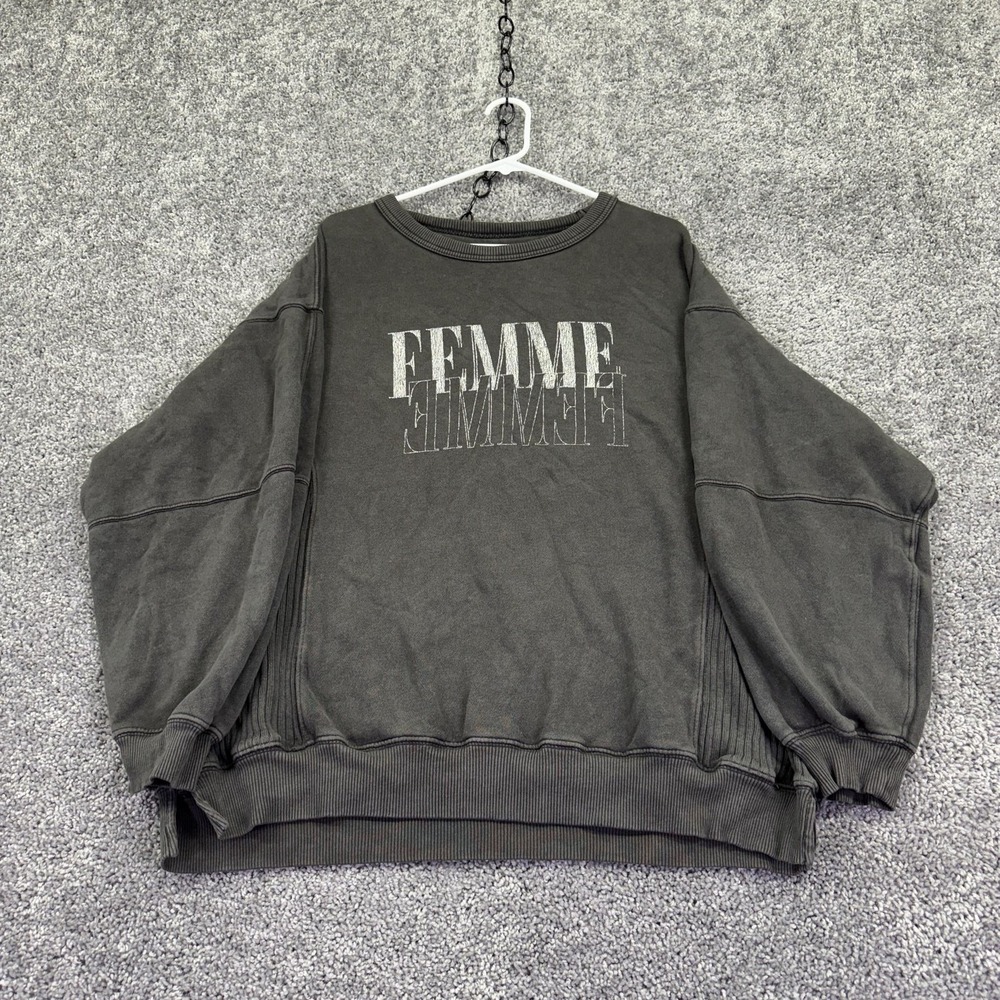 Aerie Sweatshirt Womens Medium Gray Fleece Pullover FEMME Graphic Crew Neck